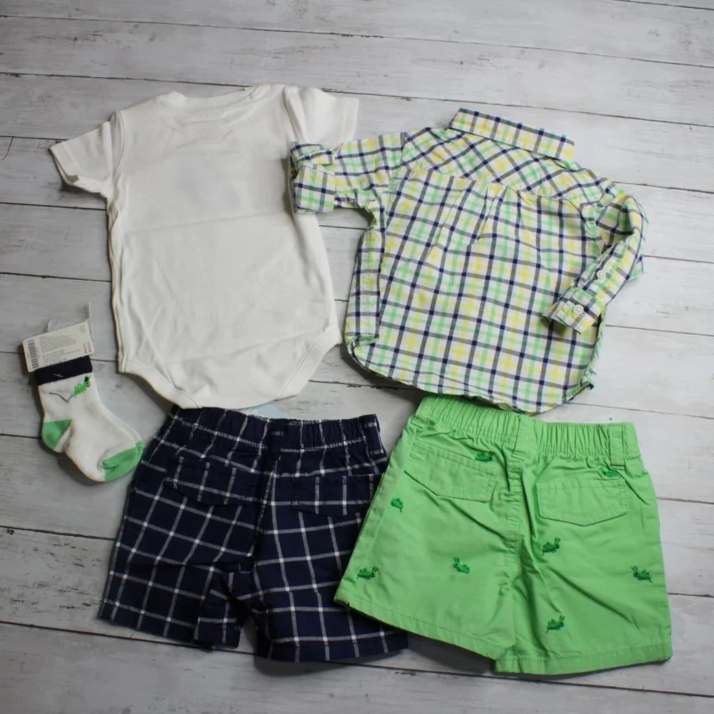 Gymboree Baby Boy Plaid Shorts Shirts Size 6-12 Months Lot Grasshopper